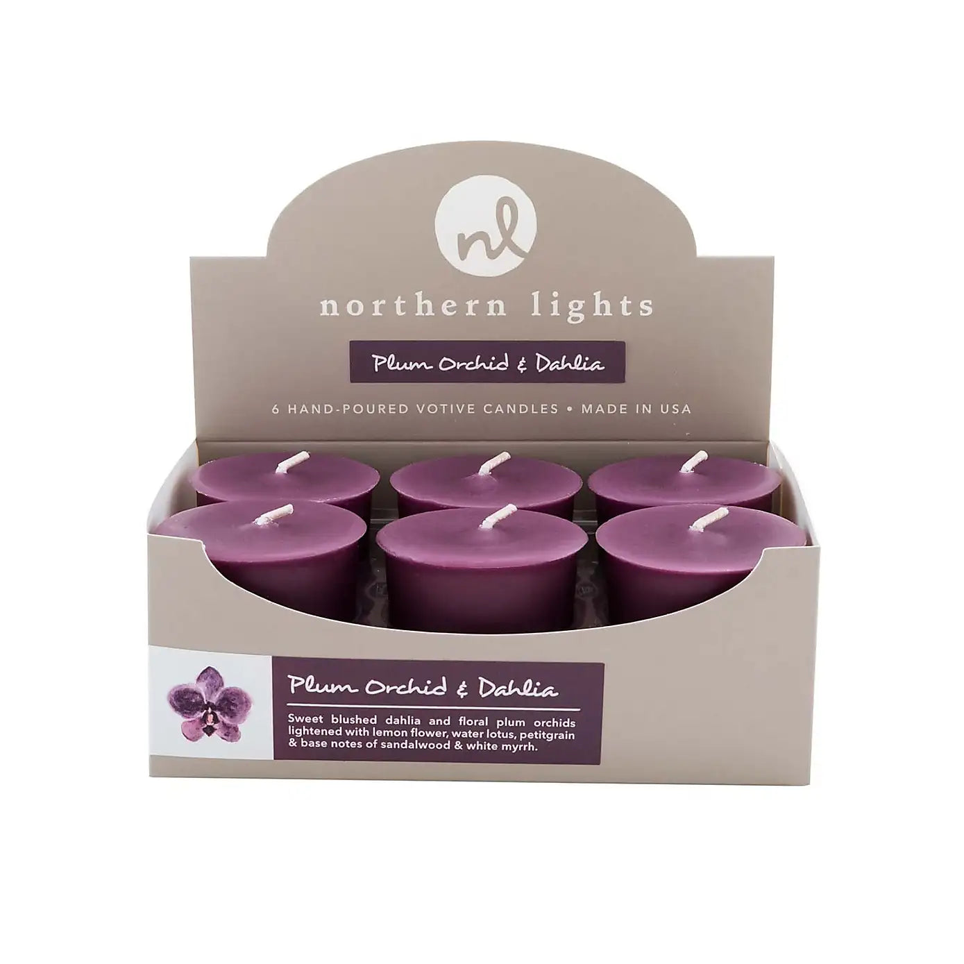 Northern Lights Set of 6 Plum Orchid and Dahlia Votive Candles