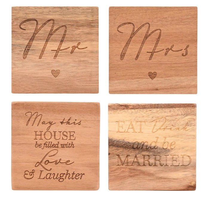 Amore Mr & Mrs Wooden 4 Piece Coaster Set RRP £6.99 Our Price £1