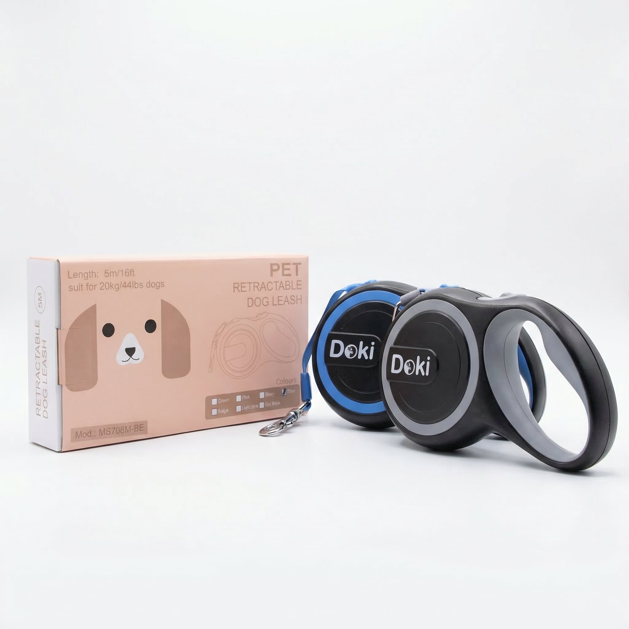 Doki Retractable Dog Leash – 5m For Dogs up to 20kg RRP £10 Our Price £4 Colours Grey/Black & Blue/ Black