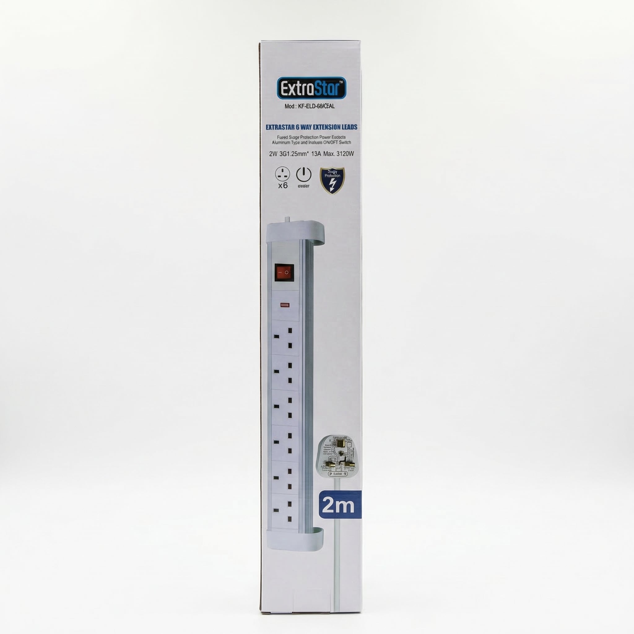ExtraStar 6‑Way Extension Lead – Surge Protected, Individually Switched, 2m Cable