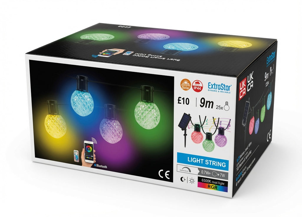 9M LED Outdoor Smart Garden Solar String Lights Festoon Lights with 25 Bulbs RGB Remote Control/APP Control