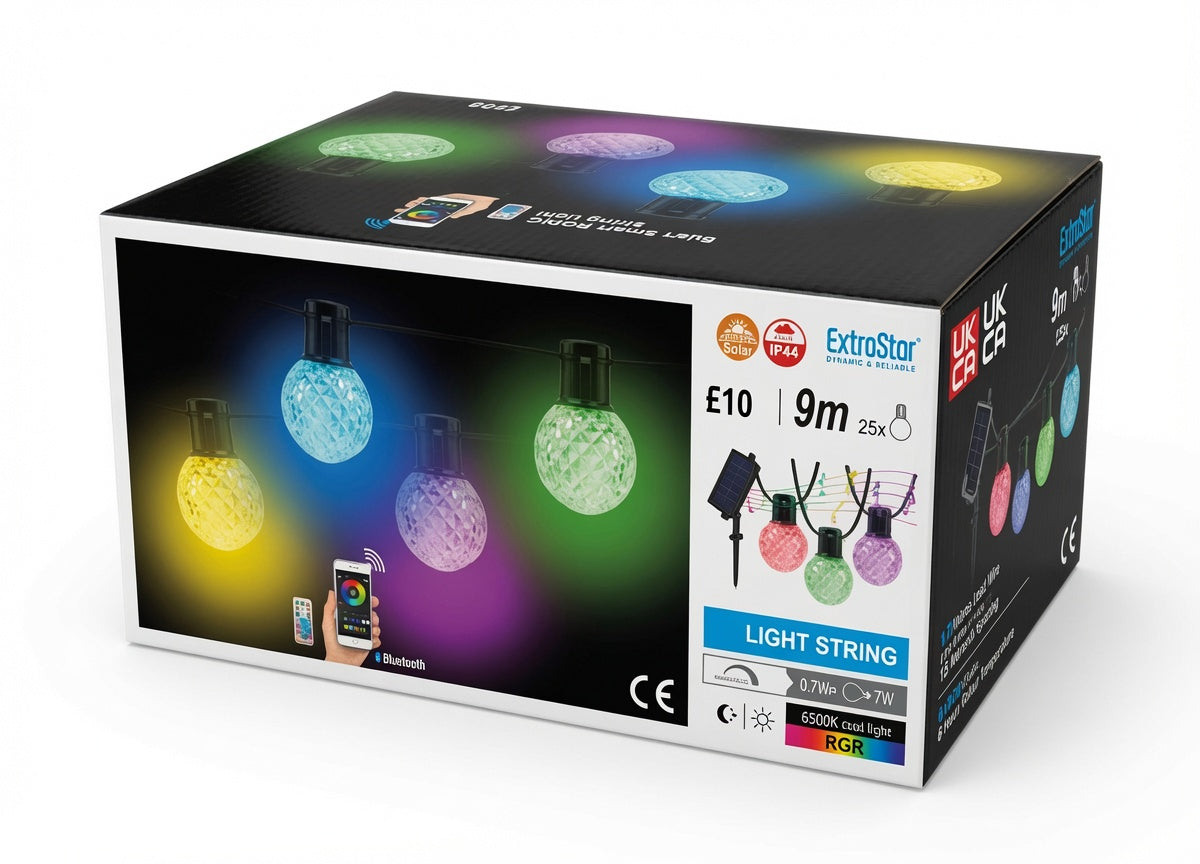 9M LED Outdoor Smart Garden Solar String Lights Festoon Lights with 25 Bulbs RGB Remote Control/APP Control