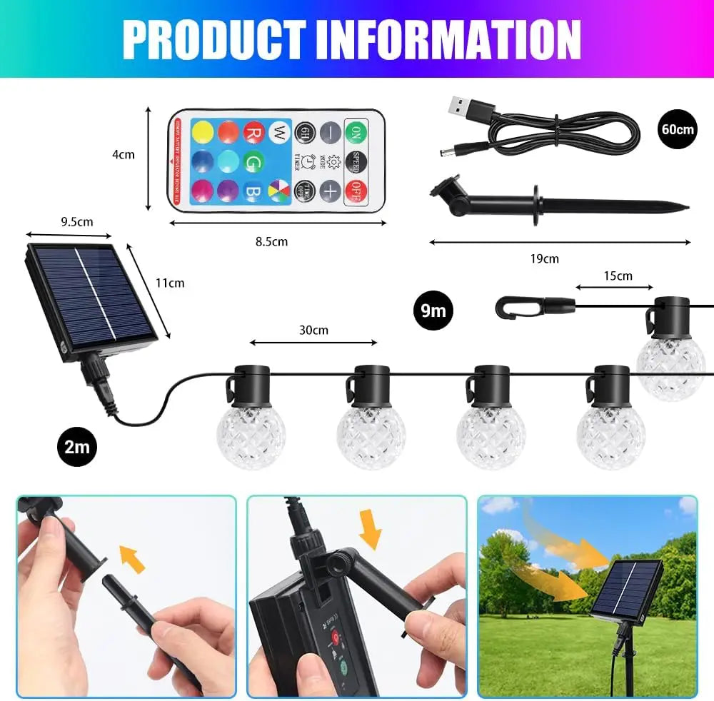 9M LED Outdoor Smart Garden Solar String Lights Festoon Lights with 25 Bulbs RGB Remote Control/APP Control