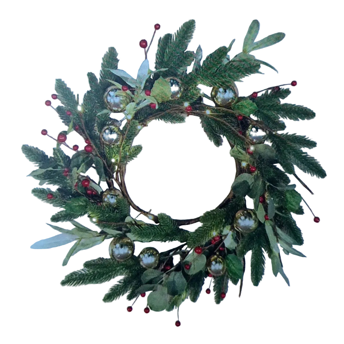 60cm Mixed Leaf Wreath/ Red Berries/ 24 WW LEDs (Pick Up Only)