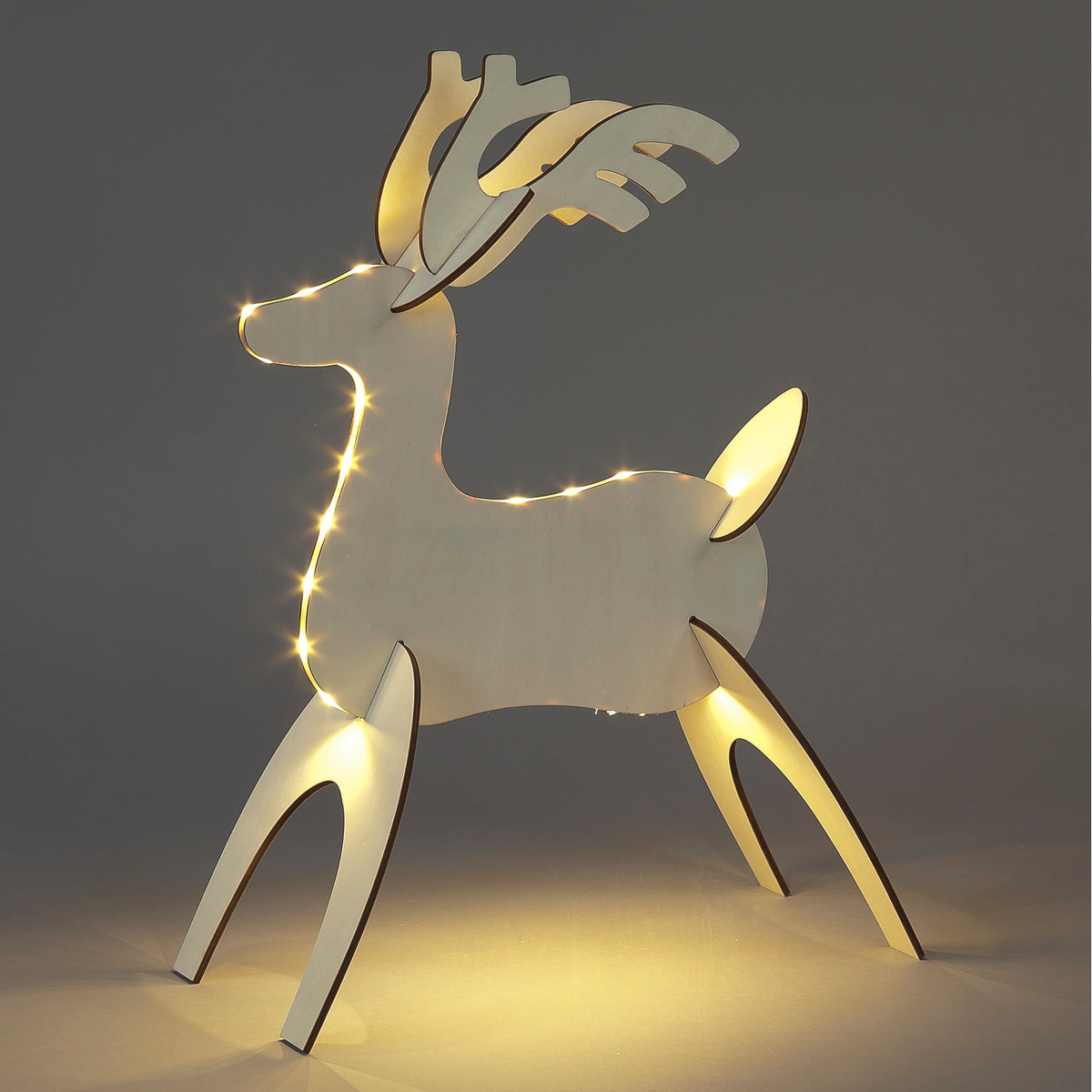 Battery Operated 50cm Wooden 3D Reindeer w/ 31 Warm White LEDs Christmas Decoration