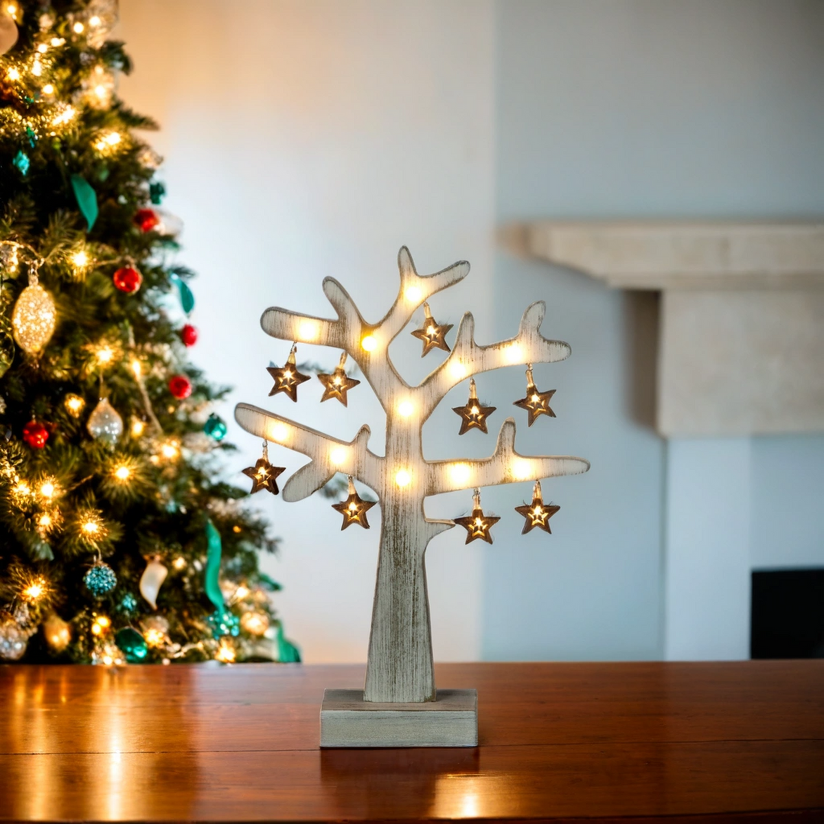 SnowTime Battery Operated Stressed Wood Effect Tree - Wooden