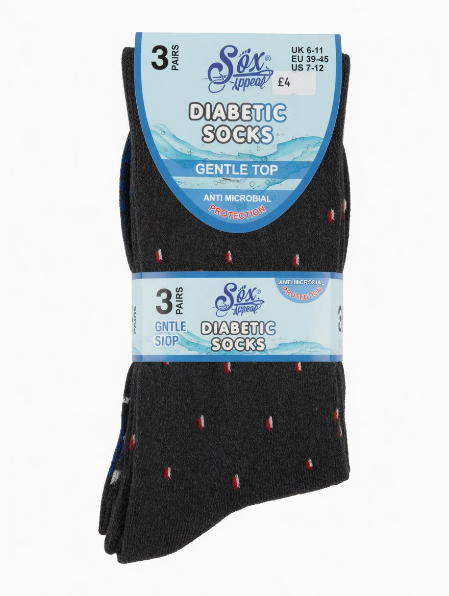 6 Pairs Of Diabetic Socks Mens (Size 6-11) (3 Designs)