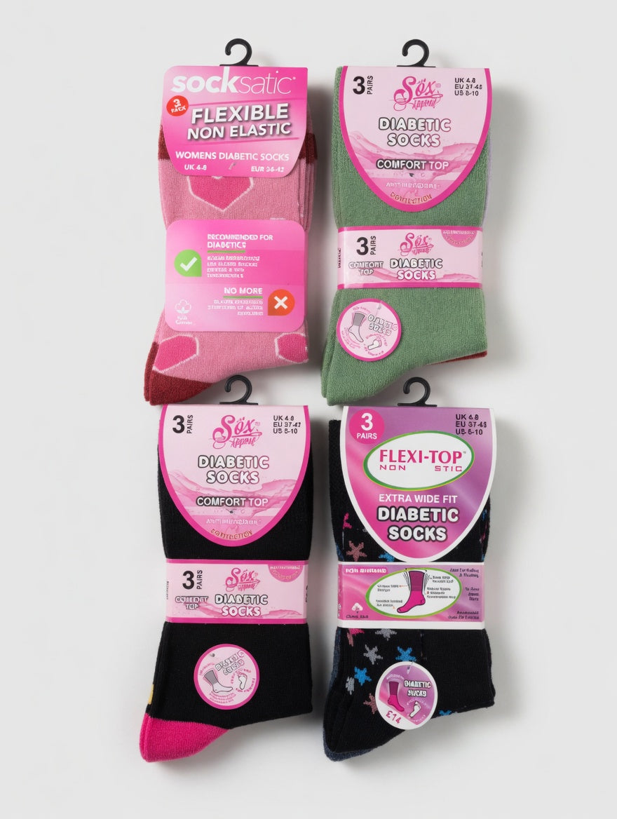 6 Pairs Of Diabetic Socks Ladies (Size 4-8) (4 Designs)