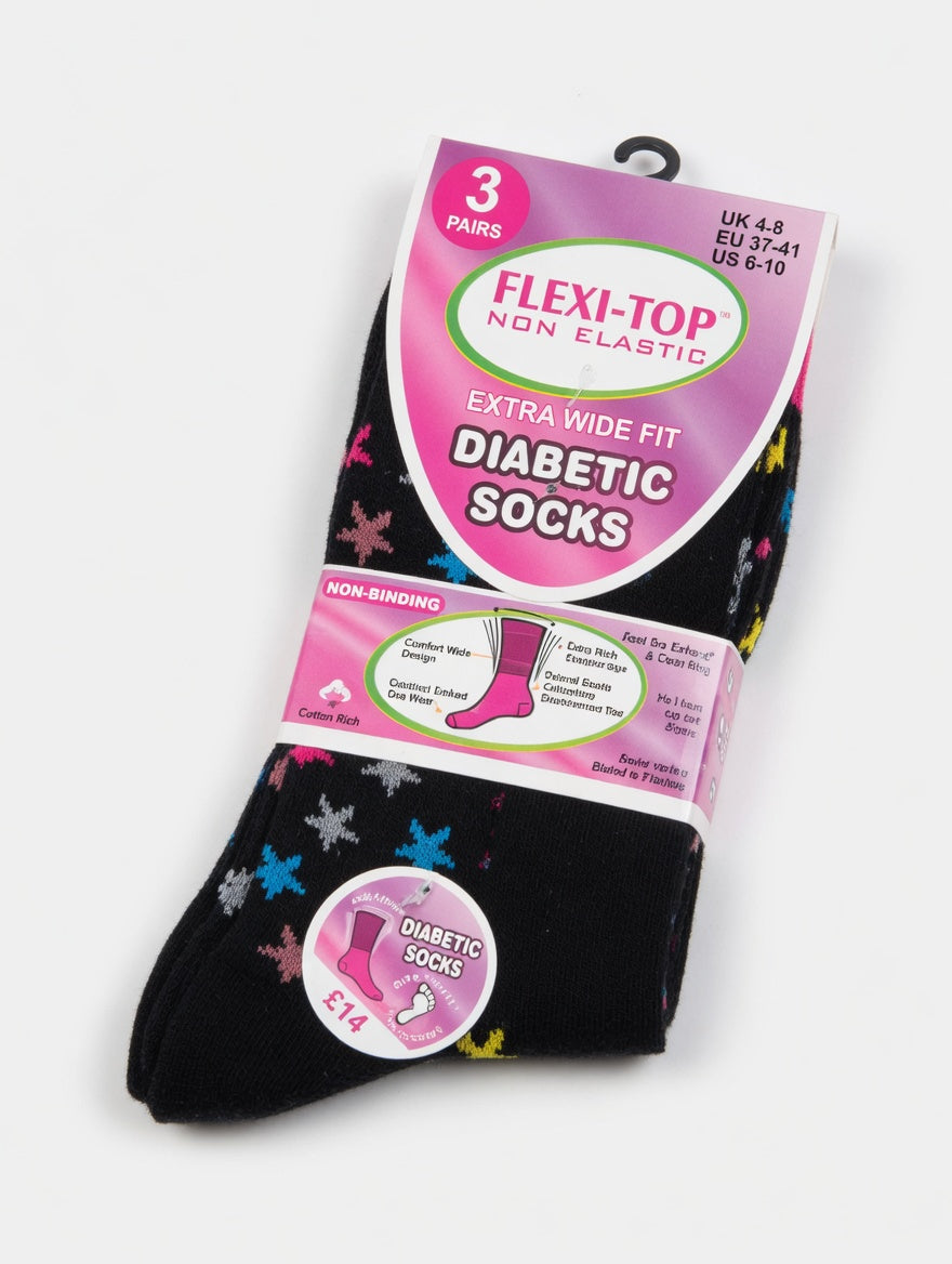 6 Pairs Of Diabetic Socks Ladies (Size 4-8) (4 Designs)